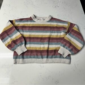 Pink Republic Striped Crewneck Sweater in Mauve, Mustard, Cream, and Dusty Blue